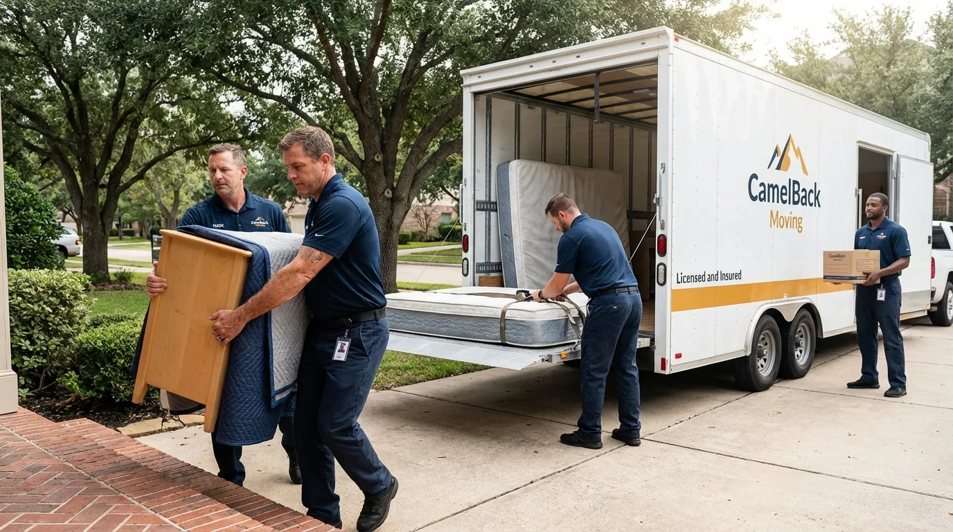 Crew loading residential truck for cross-state move from Big Spring, TX