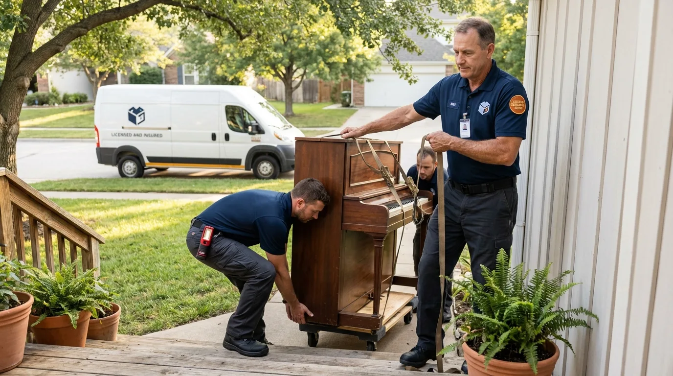 Licensed piano movers securing grand piano in Big Spring, TX