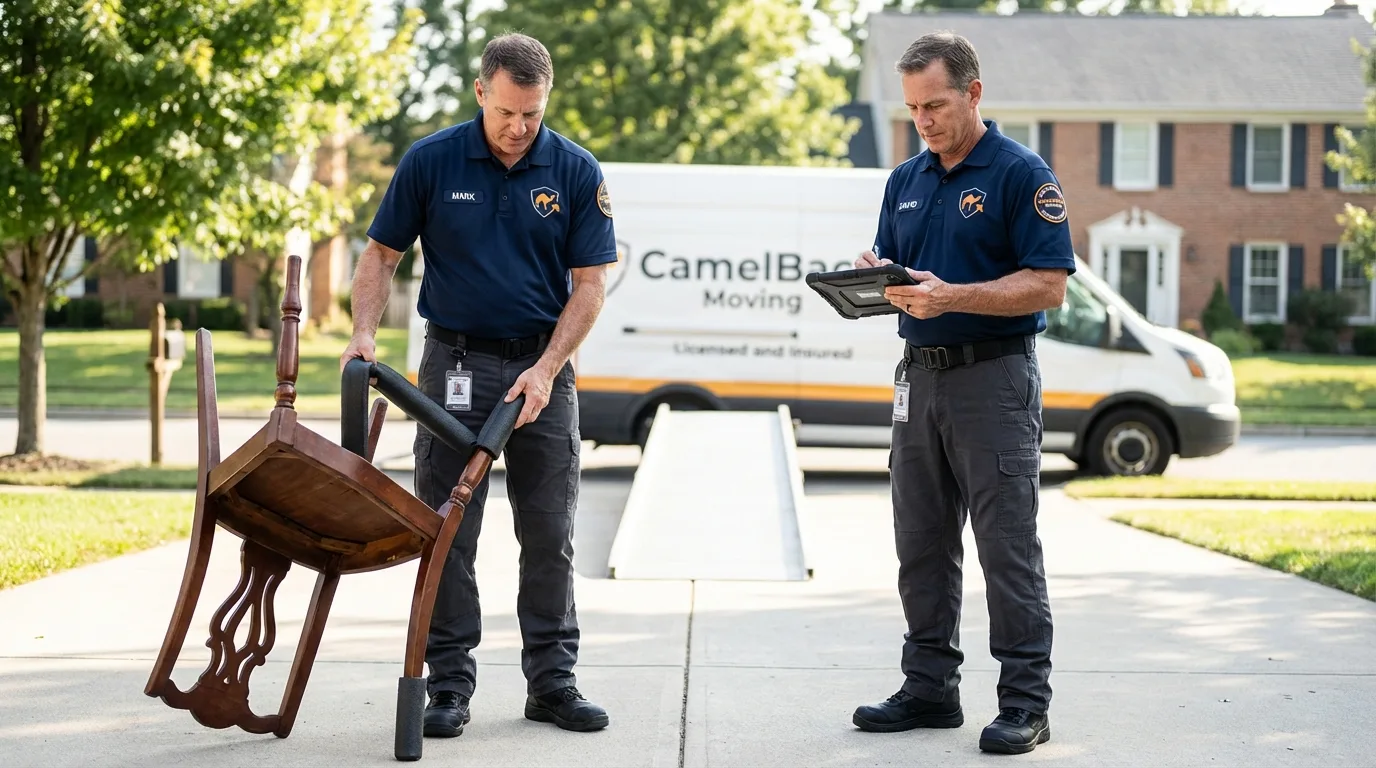 Movers inspecting furniture for damage prevention before loading in Big Spring, TX